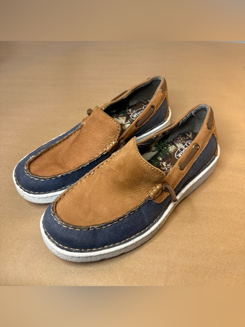 Justin Boots Men's Tan Leather and Navy Canvas Slip-On Boat Shoes